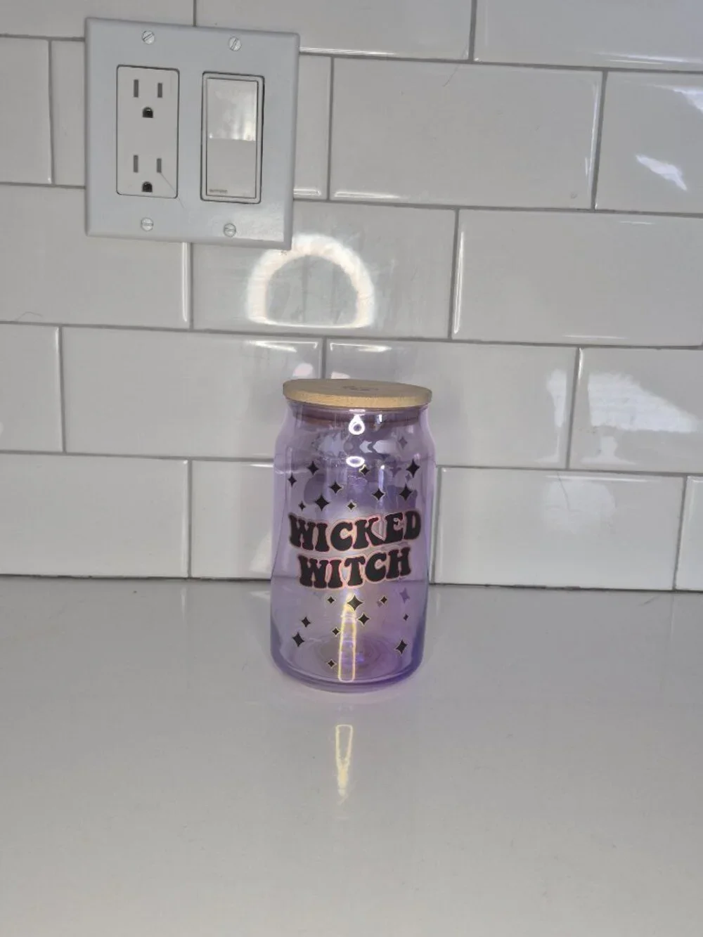 Halloween Wicked Witch Glass Can Cup 16oz Reusable Tumbler W/Bamboo Lid No Straw